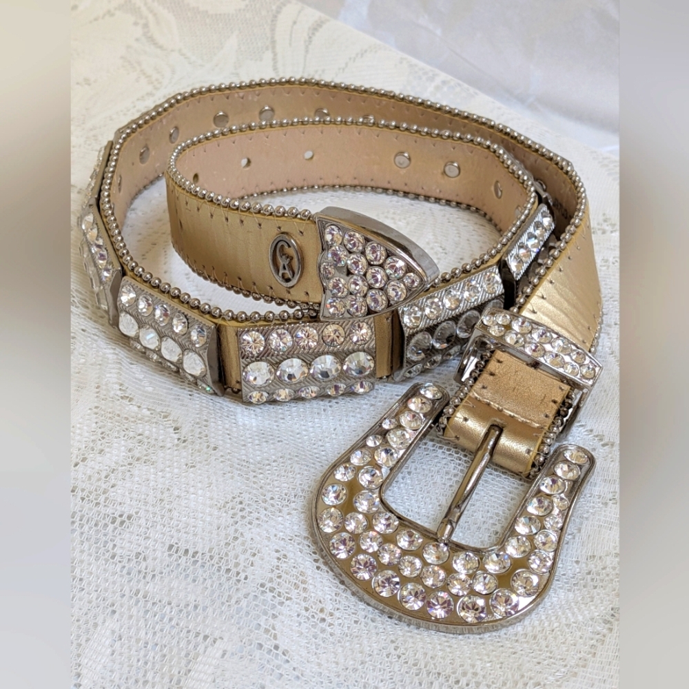 Christine Alexander BLING Rhinestone Belt Gold Leather SZ S